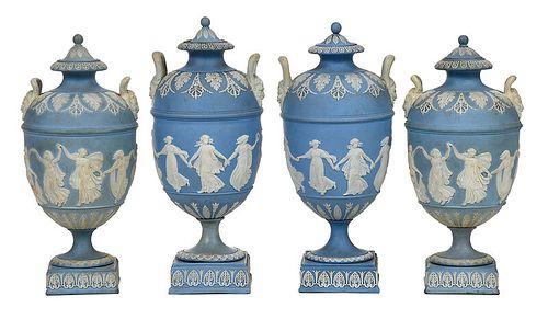 Four Finely Decorated Wedgwood Jasperware Urns