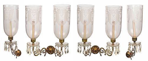 Suite of Four Brass and Etched Glass Wall Lights