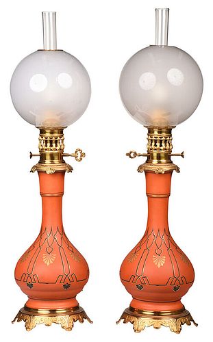 Very Fine Pair of Enameled Glass Moderator Lamps