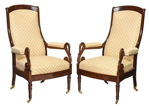 Pair Classical Style Swan Carved Armchairs