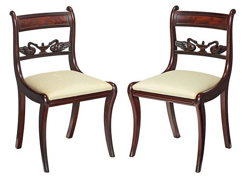 Rare Pair Classical Swan Carved Side Chairs