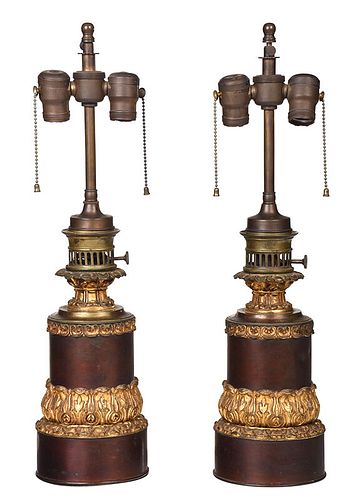 Pair French Gilt Bronze Mounted Moderator Lamps