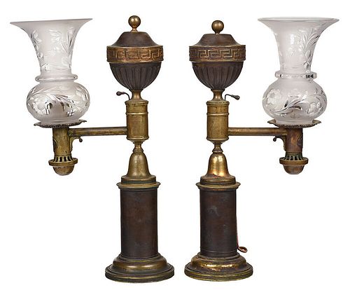 Pair Gilt Bronze Signed Argand Lamps