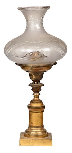 Classical Gilt Bronze and Frosted Glass Oil Lamp