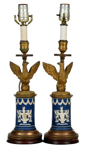 Pair Jasperware Candlesticks Converted to Lamps
