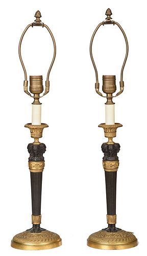Pair of Empire Gilt Bronze Candlestick Lamps