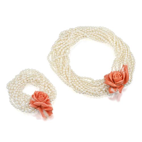Coral Rose and Pearl Necklace and Bracelet Set