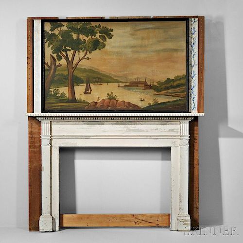 North Hampton Harbor Overmantel Painting and Painted Carved Mantelpiece