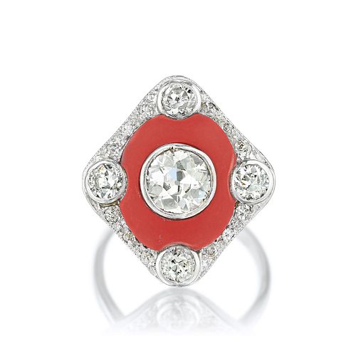 Art Deco Coral and Diamond Ring