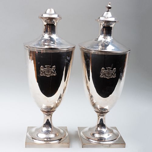 Pair of Large Silver Plate Urns and Covers