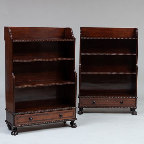 Pair of Early Victorian Rosewood-Banded Mahogany and Oak Bookcases