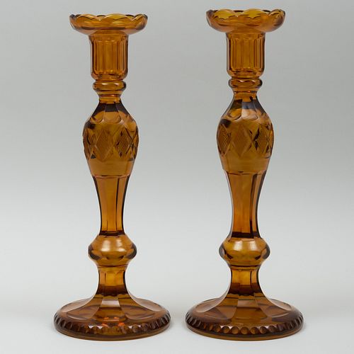 Pair of Regency Amber Cut Glass Candlesticks