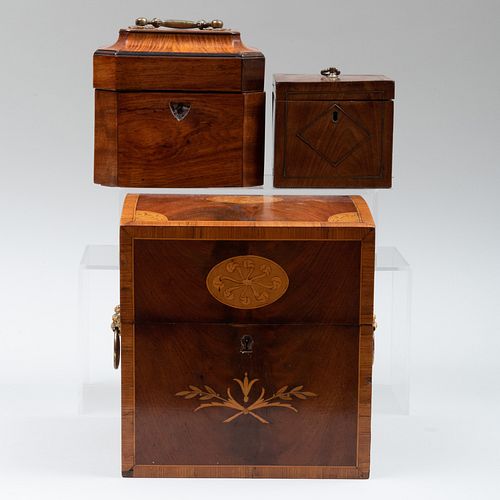George III Mahogany and Ebonised Wood Tea Caddy with Two Canisters