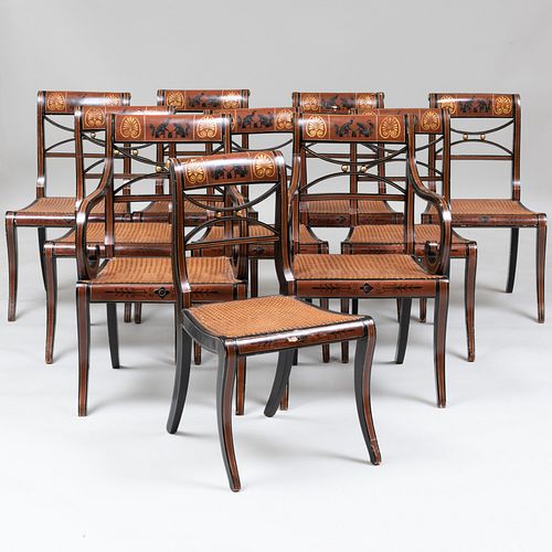 Set of Ten Regency Painted and Caned Dining Chairs, Decorated in the Etruscan Taste 