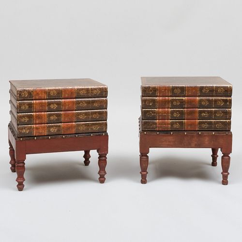Pair of Leather and Painted Book Form Low Tables