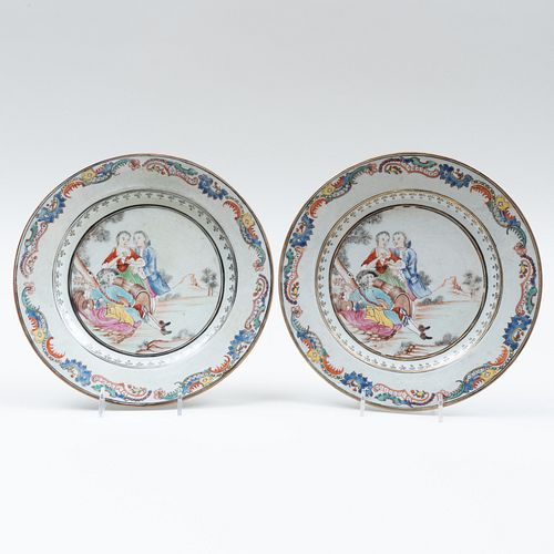 Pair of Chinese Export Style Porcelain Famille Rose European Subject Plates