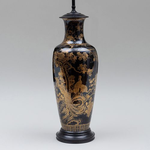 Chinese Gilt-Decorated Black Glazed Porcelain Vase Mounted as a Lamp