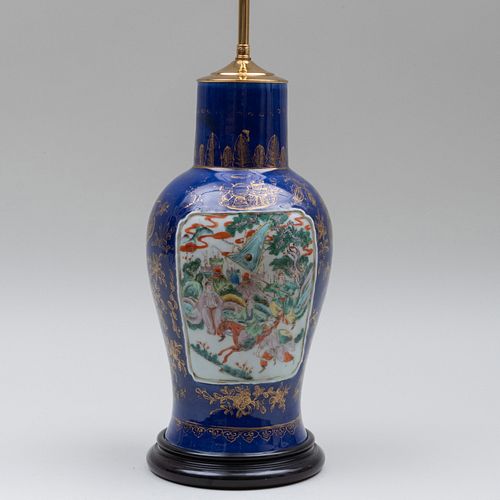 Chinese Blue Glazed Gilt-Decorated Familled Verte Porcelain Vase Mounted as a Lamp