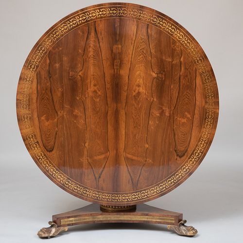 Regency Brass-Inlaid Rosewood and Parcel-Gilt Center Table