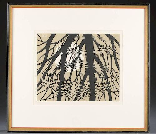 M.C. Escher, Linocut, Rippled Surface brown-gray