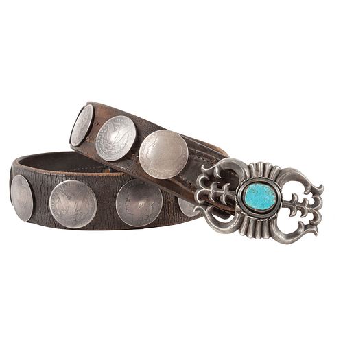 Navajo Silver Dollar Concha Belt, with Sand Cast Silver and Turquoise Buckle