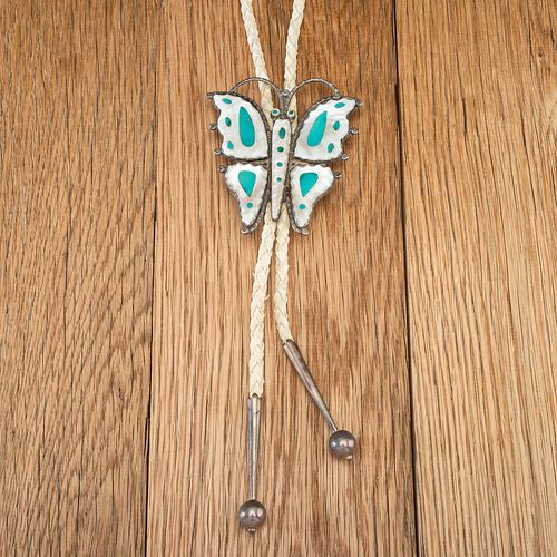 Lambert Homer, Jr. (Zuni, 20th century) Silver, Shell, and Turquoise Butterfly Bolo Tie, ex. C.G. Wallace Collection