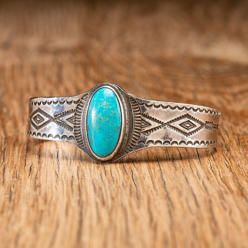 Fred Peshlakai (Dine, 1896-1974) Stamped Silver and Turquoise Cuff Bracelet