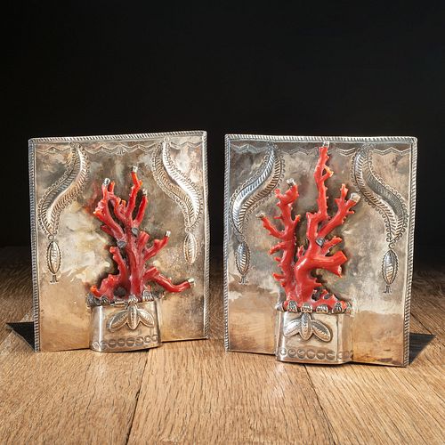 Navajo Silver and Branch Coral Bookends, From the C.G. Wallace Collection