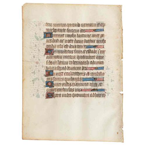 Anónimo. Hoja Iluminada. Mediados del Siglo XV. 15 x 11.5 cm. Manuscrito medieval en papel vitela de un libro francés.