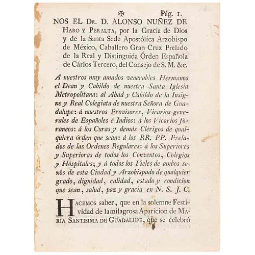 Núñez de Haro y Peralta, Alonso. Sobre Sermón de Fray Servando de Teresa y Mier. México, 1795.