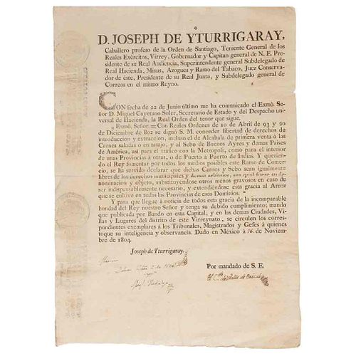 Documento firmado por Miguel HIdalgo.  Bando sobre la Libertad de Comerciar Carne Salada y Sebo por el Virrey Iturrigaray. Méx, 1804.