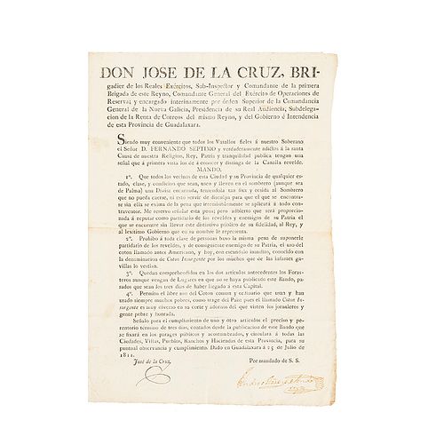 Cruz, José de la. Bando sobre el Uso de Un Distintivo para No Confundirse con los Insurgentes. Guadalajara, julio 25 de 1811. Rúbrica.