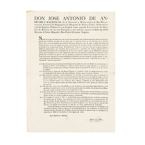 Andrade, José Antonio de. Bando sobre el Crimen de Deserción. Guadalajara, 8 de agosto de 1821. 1 h., con dos rúbricas.