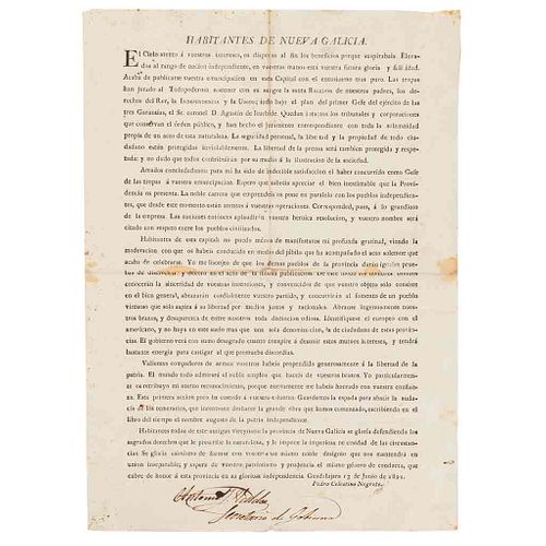 Negrete, Pedro Celestino. Proclama de la Independencia en Guadalajara. Guadalajara 13 de junio de 1821. Rubricado y firmado.