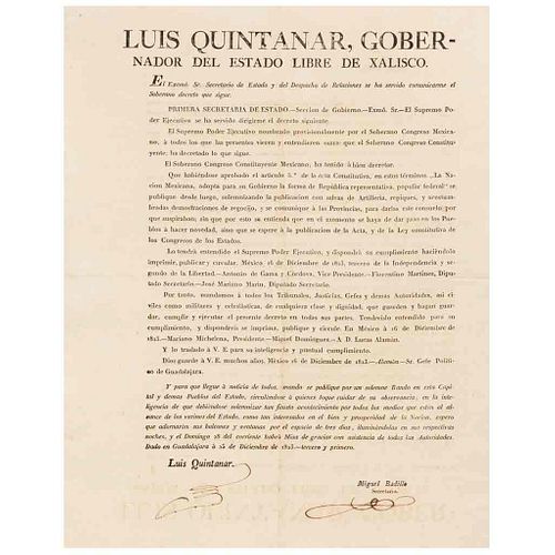 Quintanar, Luis. Bando sobre la Adopción de "República Representativa, Popular Federal", como Forma de Gobierno. Guadalajara, 1823.