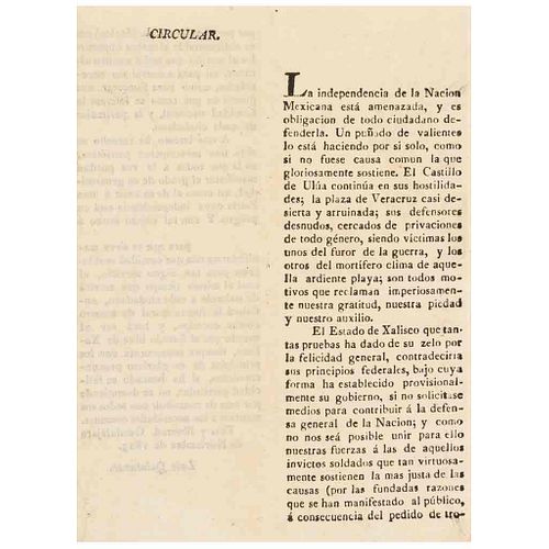 Quintanar, Luis. Circular sobre Hostilidades de San Juan de Ulúa y Exhortación a Ayudar a la Defensa del Puerto... Guadalajara, 1823.