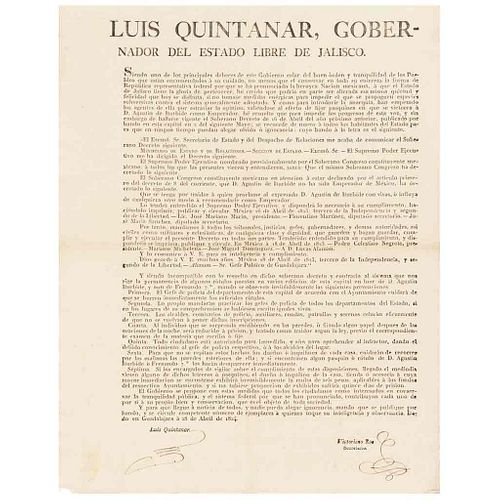 Quintanar, Luis. Bando donde se Desconoce a Agustín Iturbide como Emperador de México... Guadalajara, 28 de abril de 1824. Rúbrica.