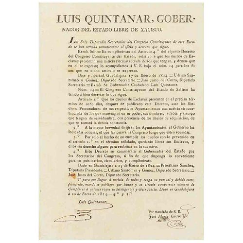 Quintanar, Luis. Bando con Información Solicitada a Dueños de Esclavos. Guadalajara, enero 20 de 1824. Rúbrica.