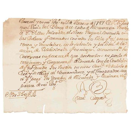 Comprobante de Venta de un Esclavo.México, marzo 17 de 1787.  Documento manuscrito.