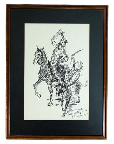Ink Drawing on Paper Don Quixote Sancho Panzer