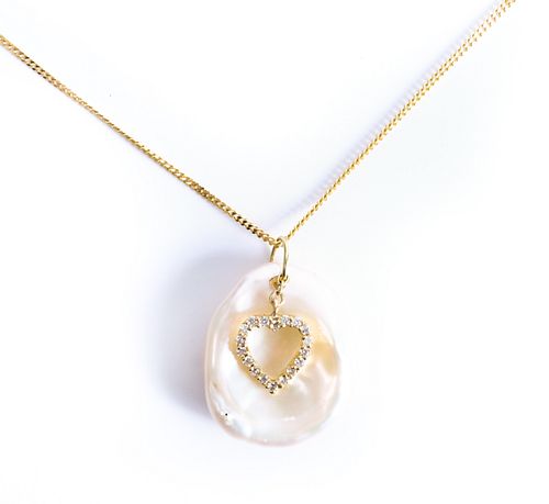 14K YG Baroque Pearl & Diamond Heart Necklace