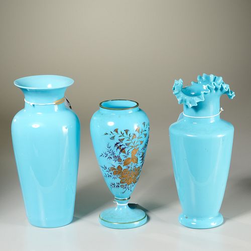 (3) antique blue opaline glass vases