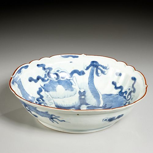 Asian blue & white porcelain dragon bowl