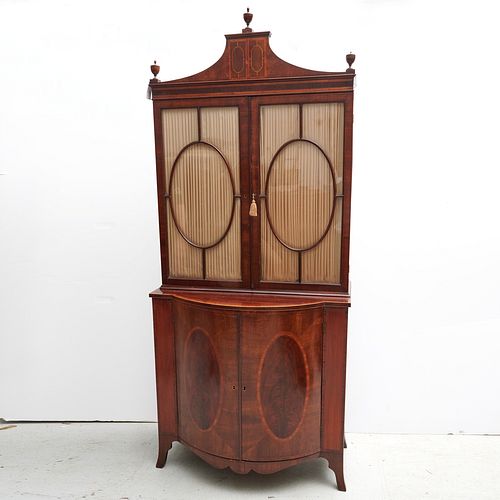 George III mahogany bow front bookcase cabinet