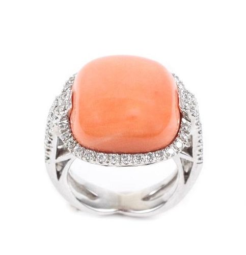 Ladies 18k White Gold, Coral & Diamond Ring