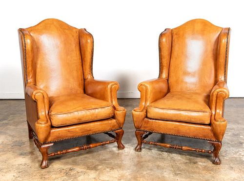 PAIR, CARAMEL LEATHER WING BACK CHAIRS