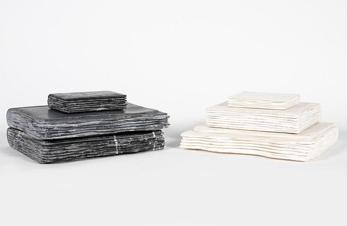 SIX CARVED MARBLE STACKING BOOKS, KELLY WEARSTLER