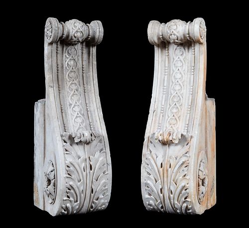 PAIR, NEOCLASSICAL STYLE CARVED MARBLE CORBELS