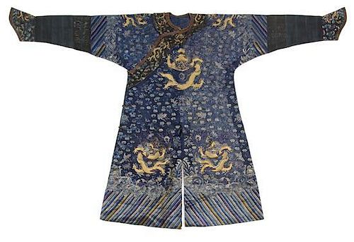 A Chinese Blue Silk Gauze Summer Dragon Robe, Length overall 49 1/2 inches.