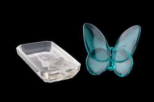 2 PC, TEAL BACCARAT BUTTERFLY & HOFFMAN TRAY